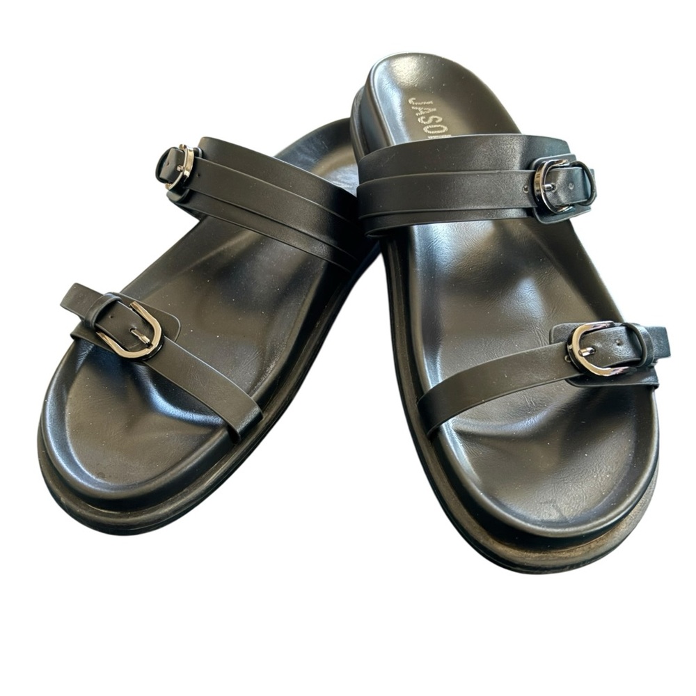 Jason Wu Rhonda Slide Sandal Sz 8.5 Black Double Strap Metallic Buckles Comfy